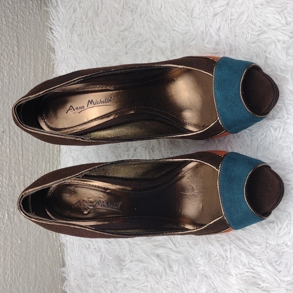 Anne Michelle Flare Brown Multicolored Faux Suede Almond Peep Toe Stiletto Heel - Picture 2 of 16